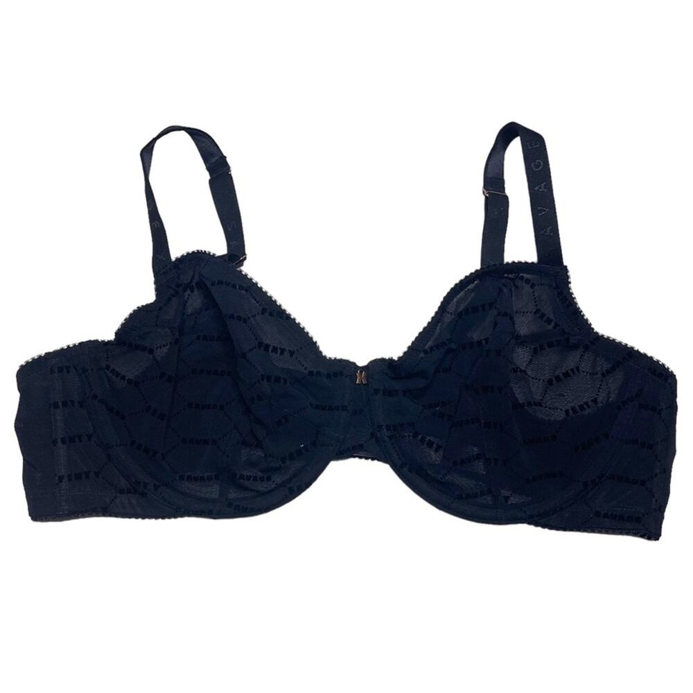 Savage X Fenty Flocked Logo Unlined Demi Bra Black Caviar Size 42D